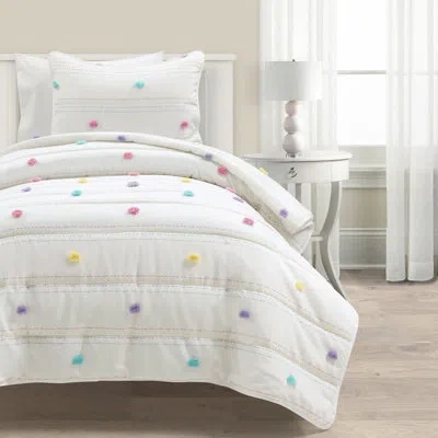 Lush Decor Rainbow Pom Pom And Stripes Quilt Set White/raindow