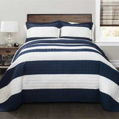 Lush Decor Stripe Cotton 320 Tc Quilt Set In Navy,white