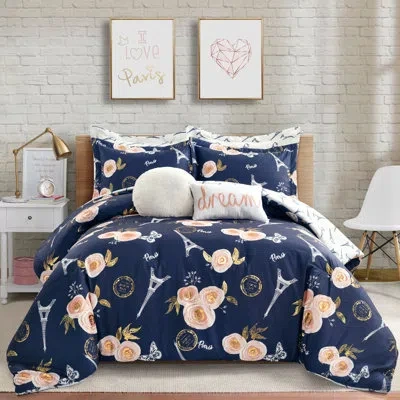 Lush Decor Vintage Paris Rose Butterfly Script Microfiber Reversible 7 Piece Comforter Set In Navy