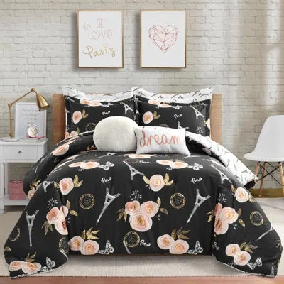 Lush Decor Vintage Paris Rose Butterfly Script Reversible Comforter Set In Black