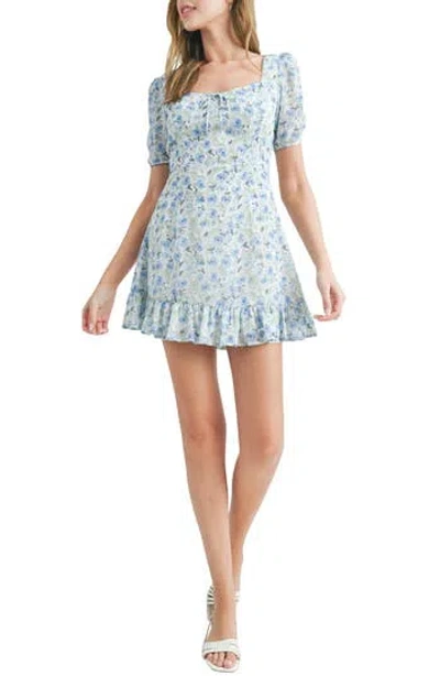 Lush Ditsy Floral Puff Sleeve Dress In Ivory Blue
