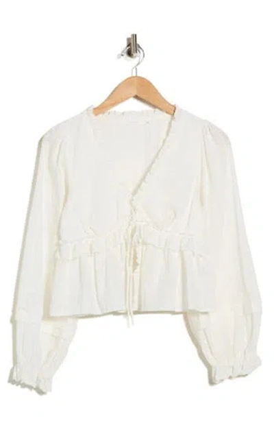 Lush Embroidered Eyelet Long Sleeve Peplum Crop Top In White