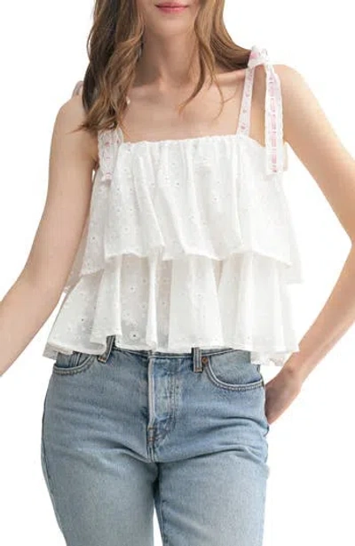 Lush Eyelet Lace Tiered Tie Shoulder Top In White Mauve