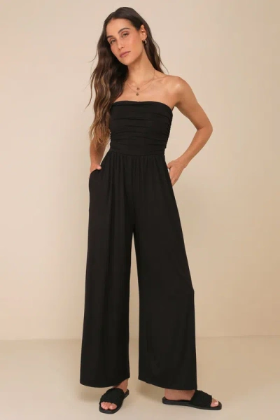 Lush Flirty Posture Black Jersey Knit Strapless Jumpsuit