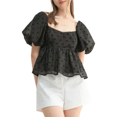 Lush Flocked Bow Puff Sleeve Crop Peplum Top In Black