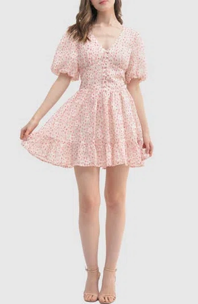 Lush Floral Bubble Sleeve Minidress In Cream Pink Floral
