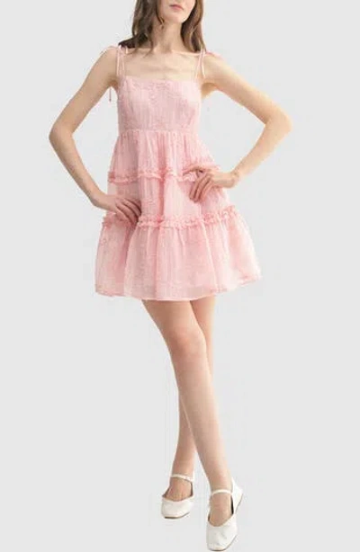 Lush Floral Embroidered Tiered Minidress In Pink