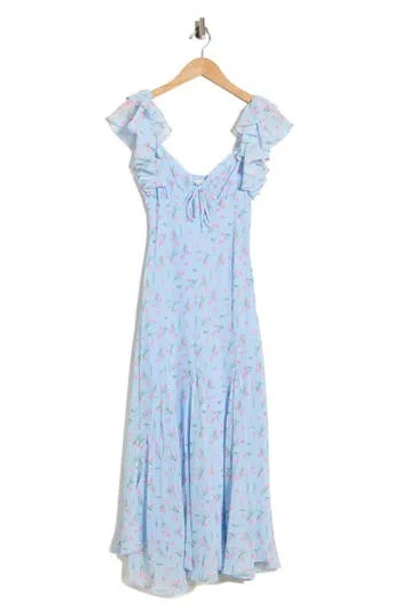 Lush Floral Flutter Sleeve Flare Hem Midi Dress In Blue