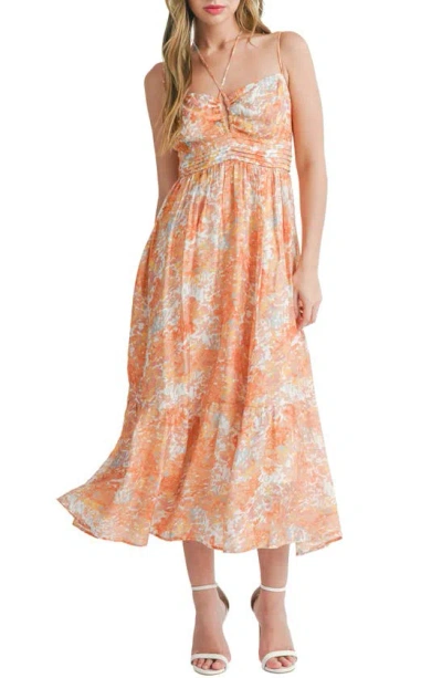 Lush Floral Halter Tie A-line Midi Dress In Orange Floral