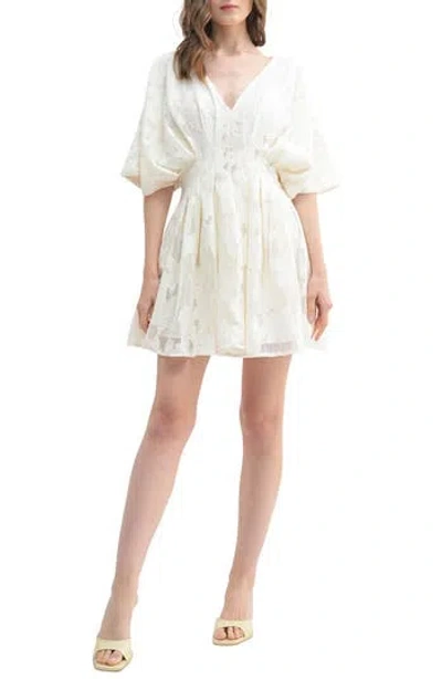 Lush Floral Lace Dolman Sleeve Pleated Minidress In Cream