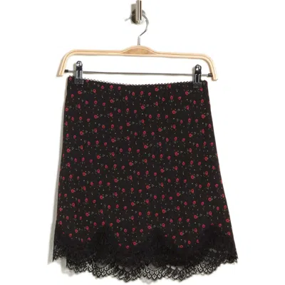 Lush Floral Lace Trim Miniskirt In Black Red Floral