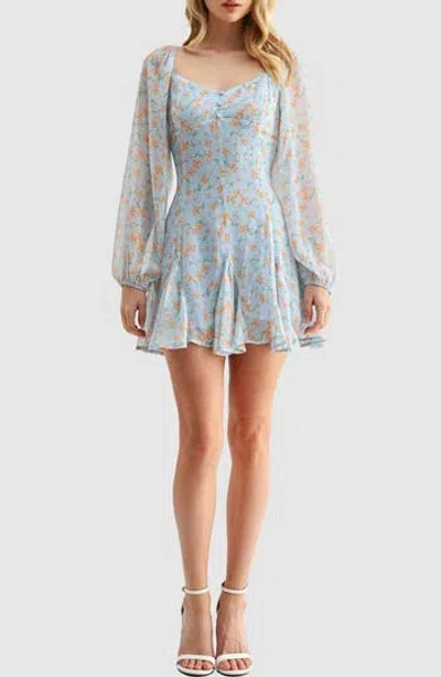 Lush Floral Long Sleeve Fit & Flare Minidress In Blue