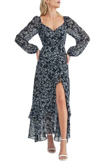 Lush Floral Long Sleeve Slit Maxi Dress In Black Blue Floral | ModeSens
