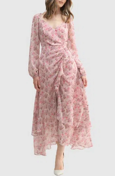 Lush Floral Long Sleeve Slit Maxi Dress In Brown