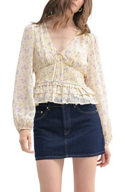 Lush Floral Long Sleeve Top In Light Yellow Lilac