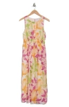 Lush Floral Print Chiffon Midi Dress In Yellow Pink Multi