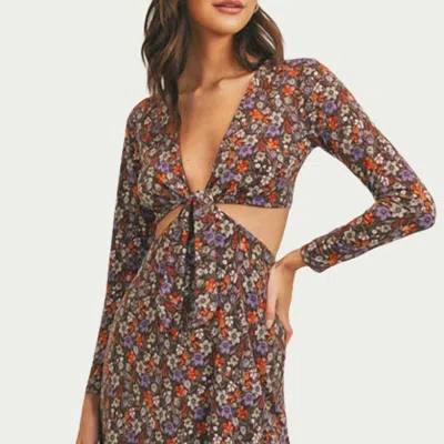 Lush Floral-print Cutout Stretch-jersey Mini Dress In Brown Floral