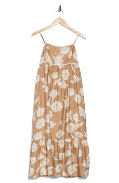 Lush Floral Print Midi Dress In Taupe Cream
