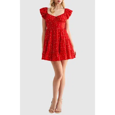 Lush Floral Puff Sleeve Fit & Flare Minidress In Red
