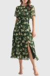 Lush Floral Short Sleeve Chiffon Midi Dress In Green