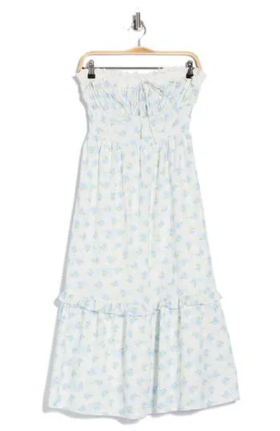 Lush Floral Strapless Ruffle Hem Midi Dress In Blue