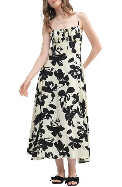 Lush Floral Tie Keyhole A-line Midi Dress In Ivory Black