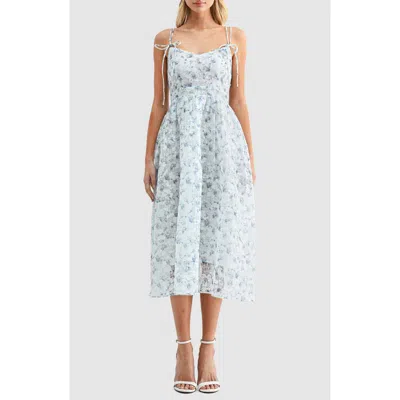 Lush Floral Tie Strap Fit & Flare Midi Dress In Blue