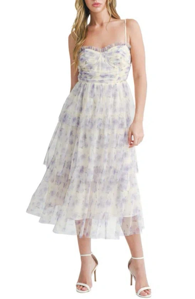 Lush Floral Tiered Tulle Midi Dress In Cream Lilac