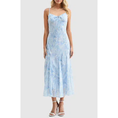 Lush Floral V-neck Tie Midi Dress In Blue
