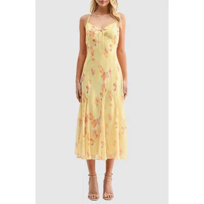 Lush Floral V-neck Tie Midi Dress In Yellow