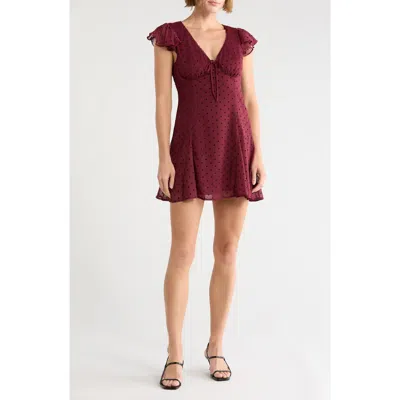 Lush Flutter Sleeve Fit & Flare Minidress In Bordeaux Dot