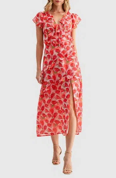 Lush Flutter Sleeve Ruffle Midi Dress In Pink