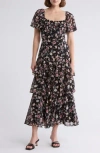 Lush Flutter Sleeve Tiered Maxi Dress In Black