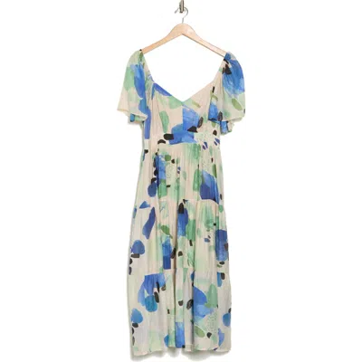 Lush Flutter Sleeve Tiered Midi Dress In Blue