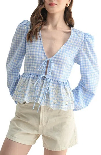 Lush Gingham Eyelet Long Sleeve Peplum Top In Blue