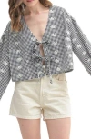 Lush Gingham Eyelet Long Sleeve Tie Front Top In Black