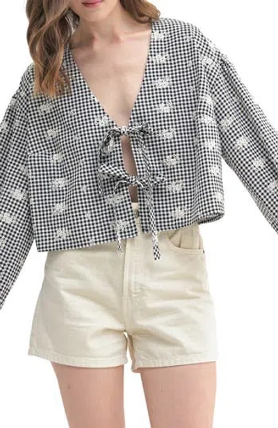 Lush Gingham Eyelet Long Sleeve Tie Front Top In Black