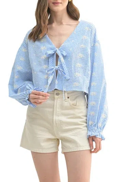 Lush Gingham Eyelet Long Sleeve Tie Front Top In Blue