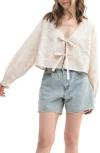 Lush Gingham Eyelet Long Sleeve Tie Front Top In Taupe
