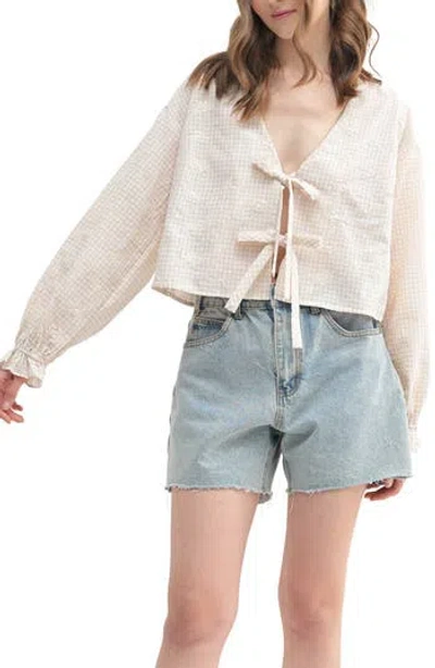 Lush Gingham Eyelet Long Sleeve Tie Front Top In Taupe