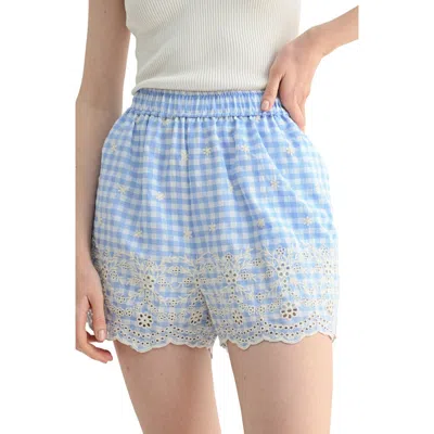 Lush Gingham Eyelet Scallop Shorts In Blue