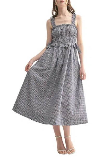 Lush Gingham Shirred Side Tie Midi Sundress In Black White
