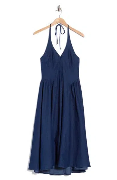 Lush Halter Neck Button Front Fit And Flare Midi Dress In Blue