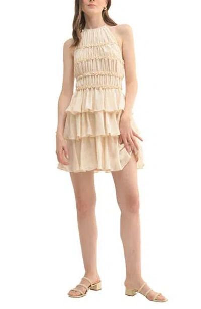 Lush Halter Neck Ruffle Tiered Minidress In Neutral