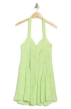 Lush Halter Pleat Flare Minidress In Lime Ivory
