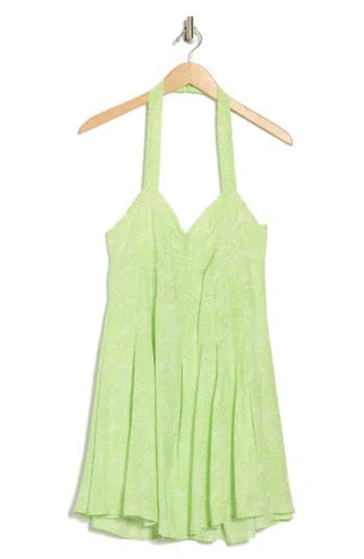 Lush Halter Pleat Flare Minidress In Lime Ivory