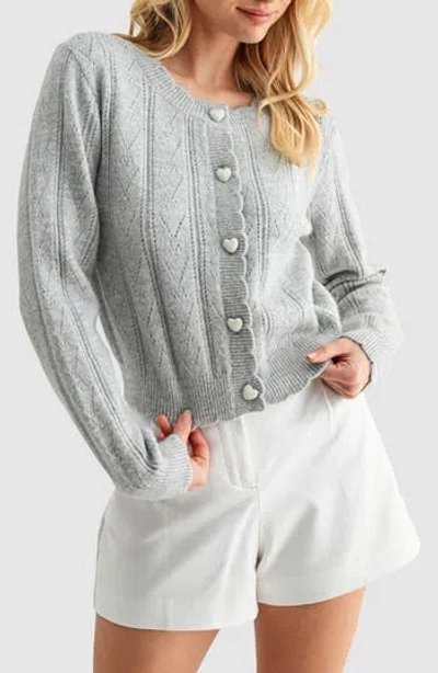 Lush Heart Button Pointelle Cardigan In Gray