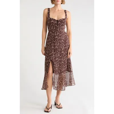 Lush Keyhole Ruffle Hem Midi Dress In Brown Abstract