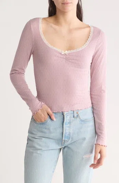 Lush Lace Bow Long Sleeve Pointelle Knit Top In Mauve