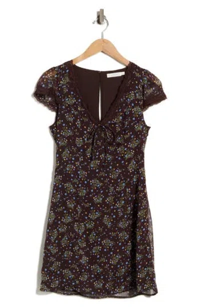 Lush Lace Trim Cap Sleeve Minidress In Brown Blue Floral